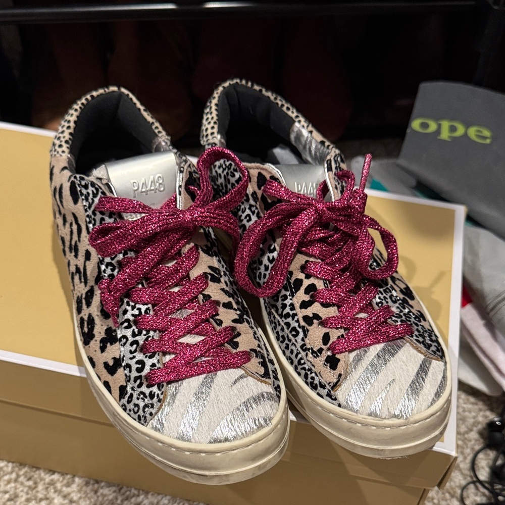 P448 Leopard and Zebra Print Sneakers - Pink and Black